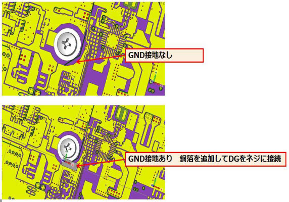 プリント基板ネジ部のGND接地による電界分布