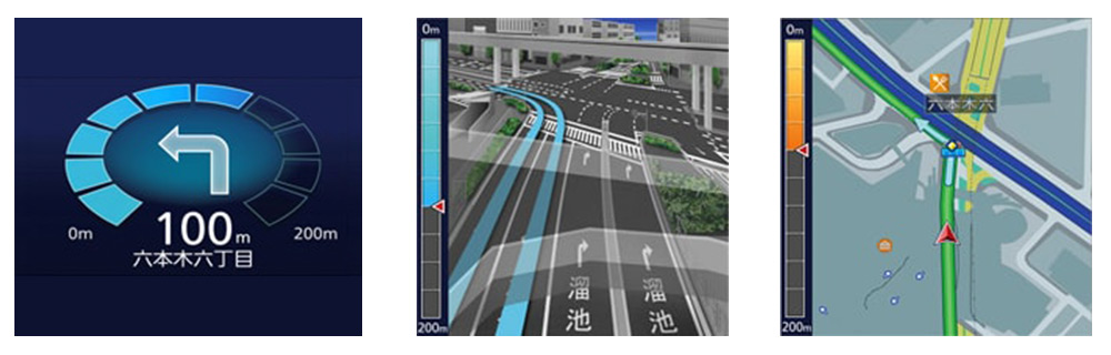 車用最適ナビゲートアルゴリズムの例（ここです案内、3D交差点イラスト表示、交差点拡大表示）