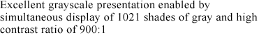 Excellent grayscale presentation enabled by simultaneous display of 1021 shades of gray and high contrast ratio of 900:1